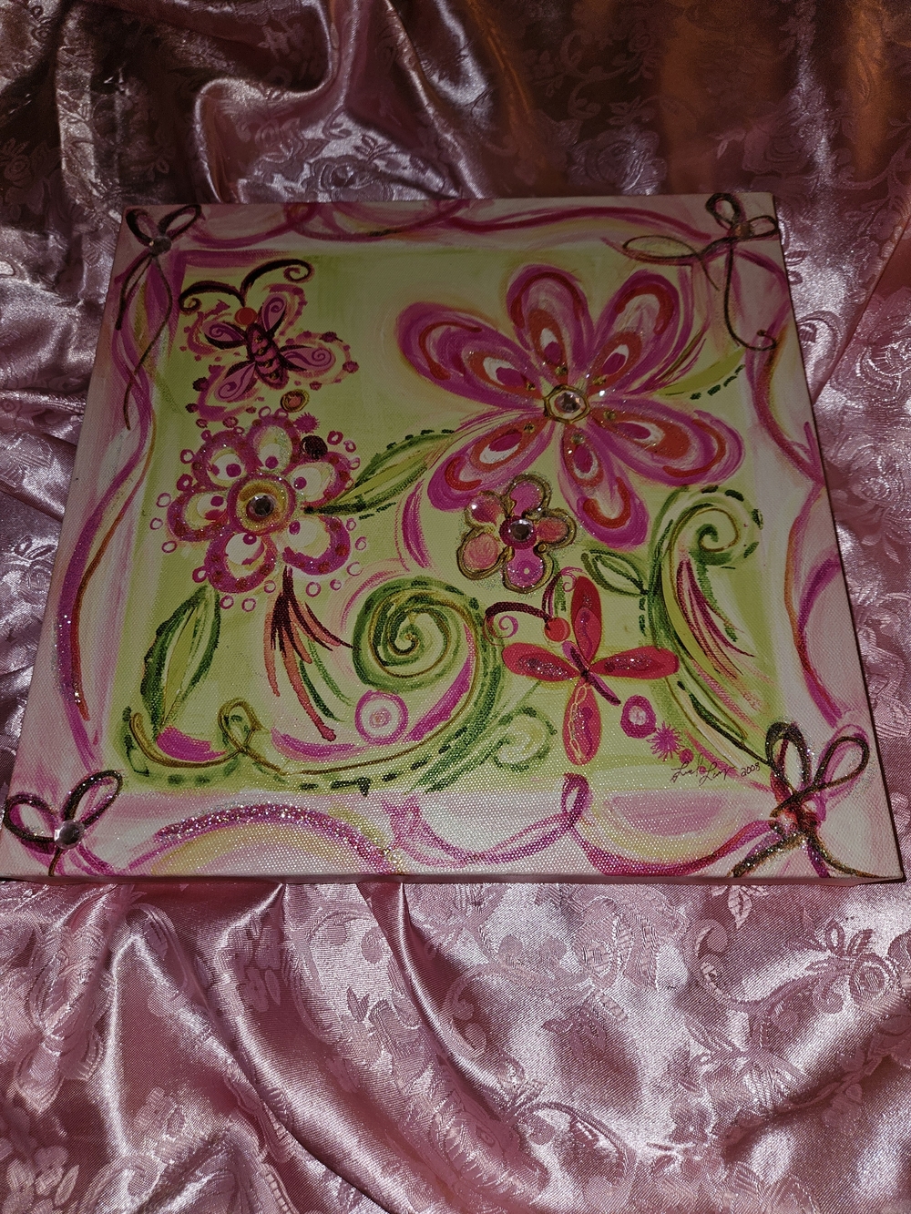 Hand-Decorated Floral Canvas in Pink & Green